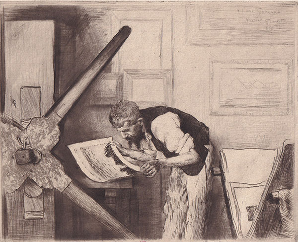 Henri Guérard à sa presse.  Portrait du graveur Henri Guérard dans son atelier.